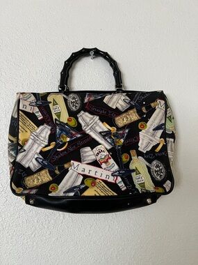 Martini Print Black Tote Bag with Bamboo Plastic Handles